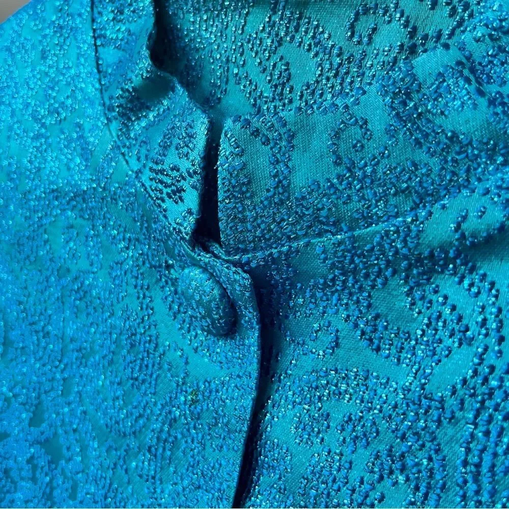 Vintage Blue Turquoise Metallic Dress Suit Set with Blazer Size Medium